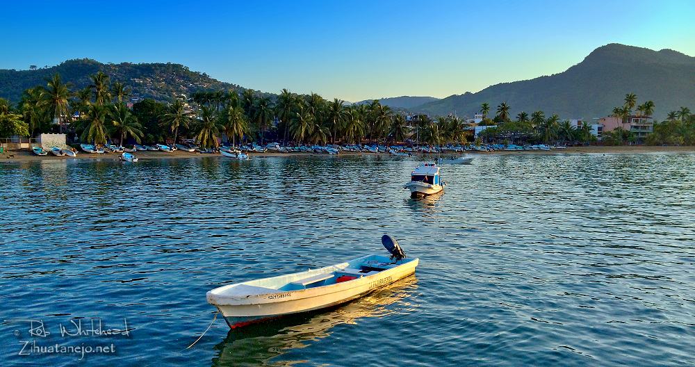 Pangas en las aguas tranquilas de la Bah&iacute;a de Zihuatanejo